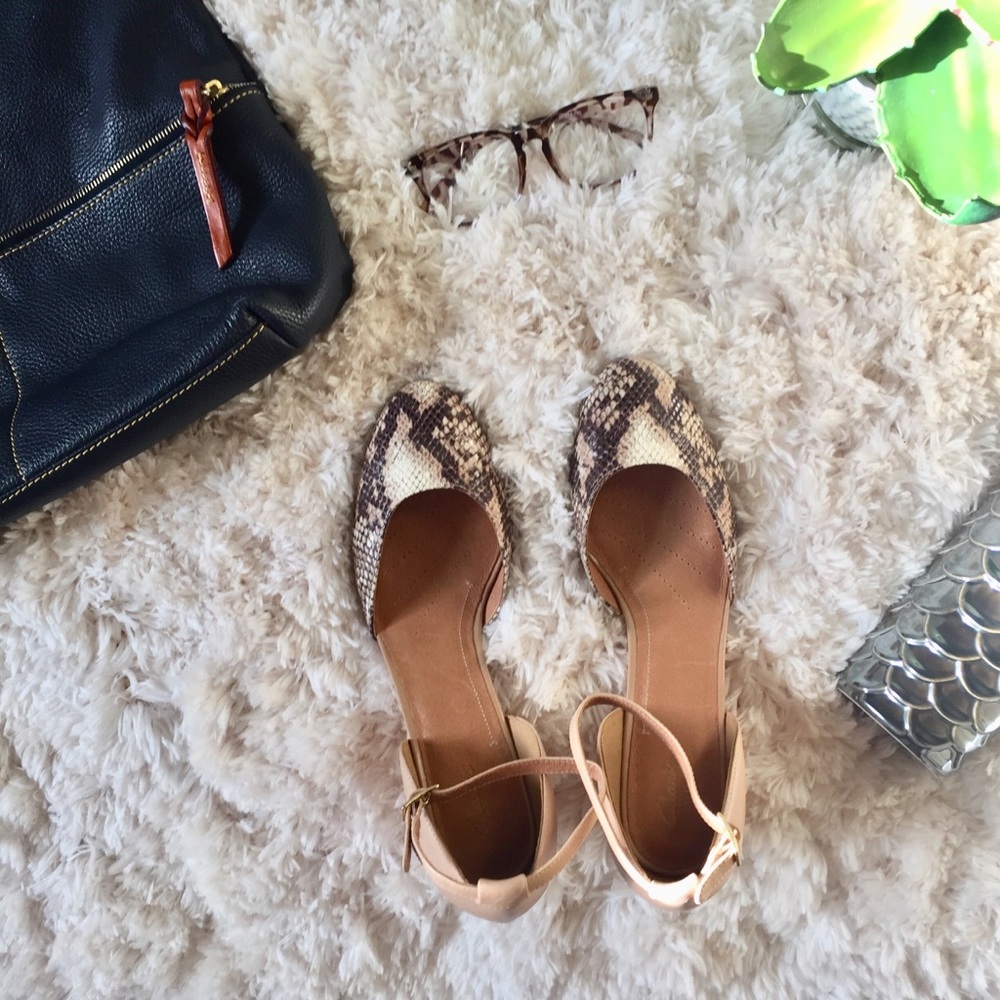 Snakeskin and tan leather wedges